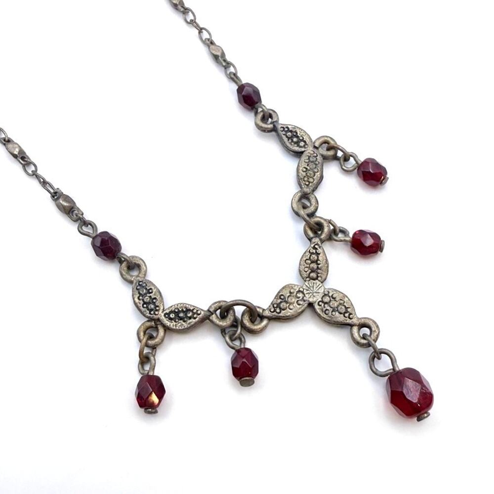 VTG 1928 Jewelry Dainty Bib Necklace Red Faceted Crystal Oxidized Silver Tone